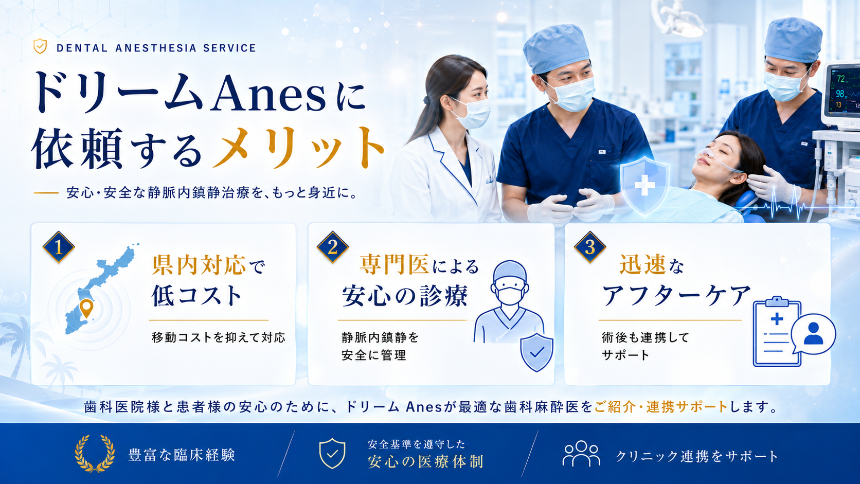 ドリームAnesに依頼するメリット 県内対応で低コスト・専門医による安心の診療・迅速なアフターケア
