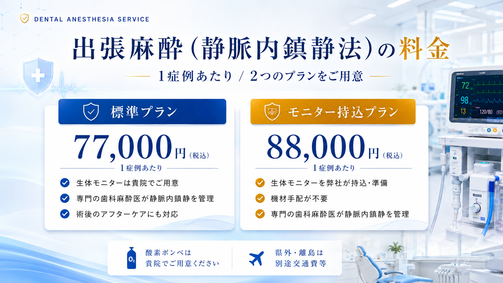 出張麻酔（静脈内鎮静法）の料金 標準77,000円・モニター持込88,000円