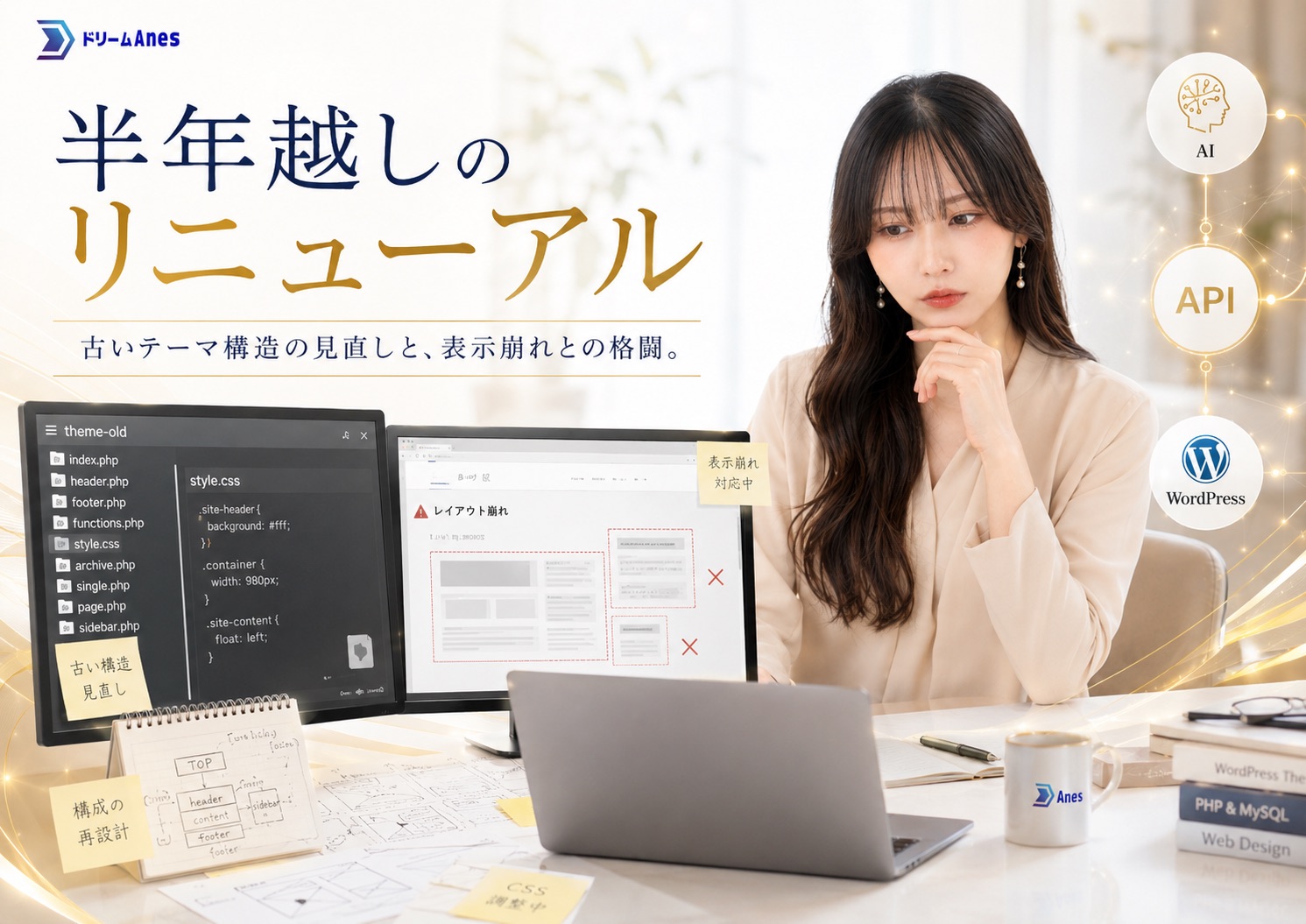 半年越しのリニューアル。古いテーマ構造の見直しと表示崩れの修正に取り組む様子を表すイメージ